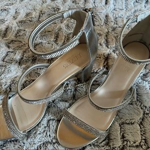 Block Heel Ankle Strap Sandal - Silver